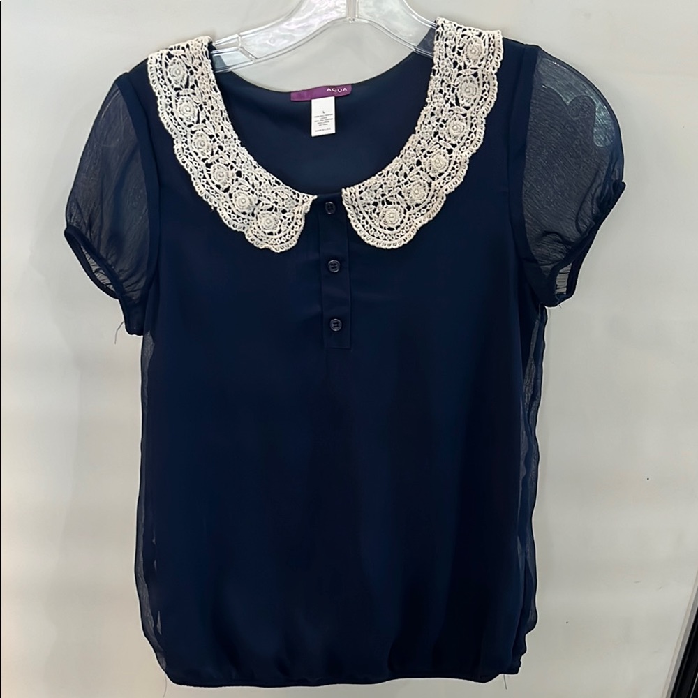 AQUA Navy Blouse with Lace Collar